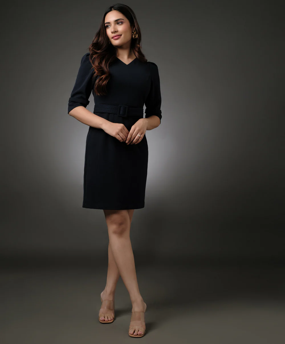 Vneck Half Sleeve Bodycon Blue Dress - Image 3