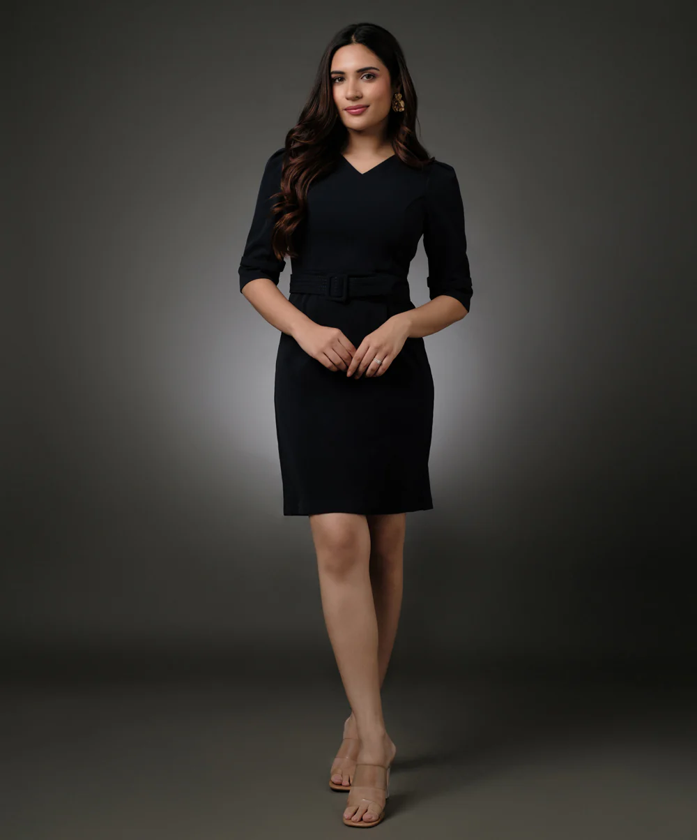Vneck Half Sleeve Bodycon Blue Dress - Image 4