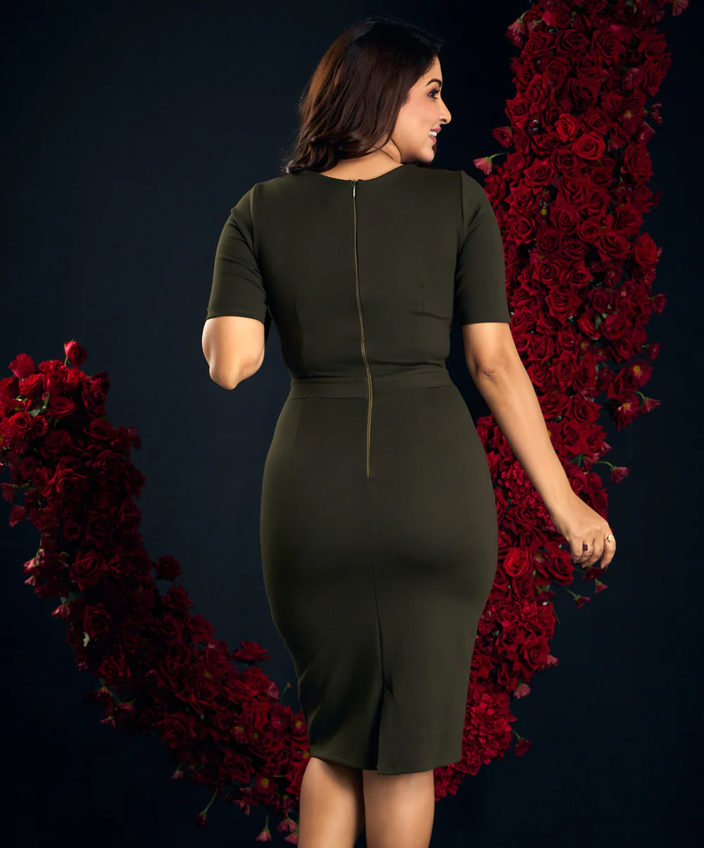 Vneck Half Sleeve Bodycon Olive Dress - Image 3
