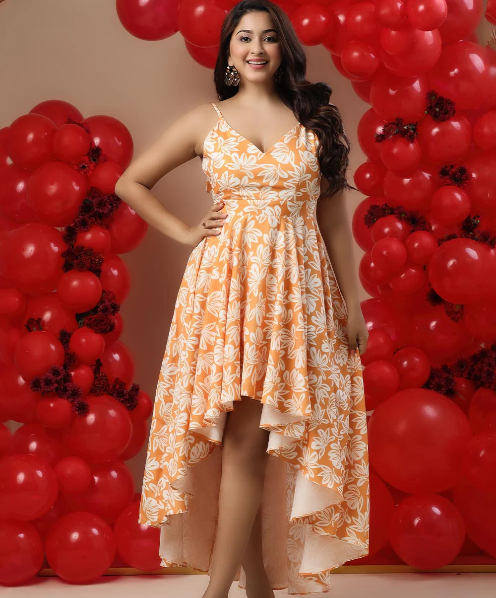 Vneck High Low Printed Maxi Dress