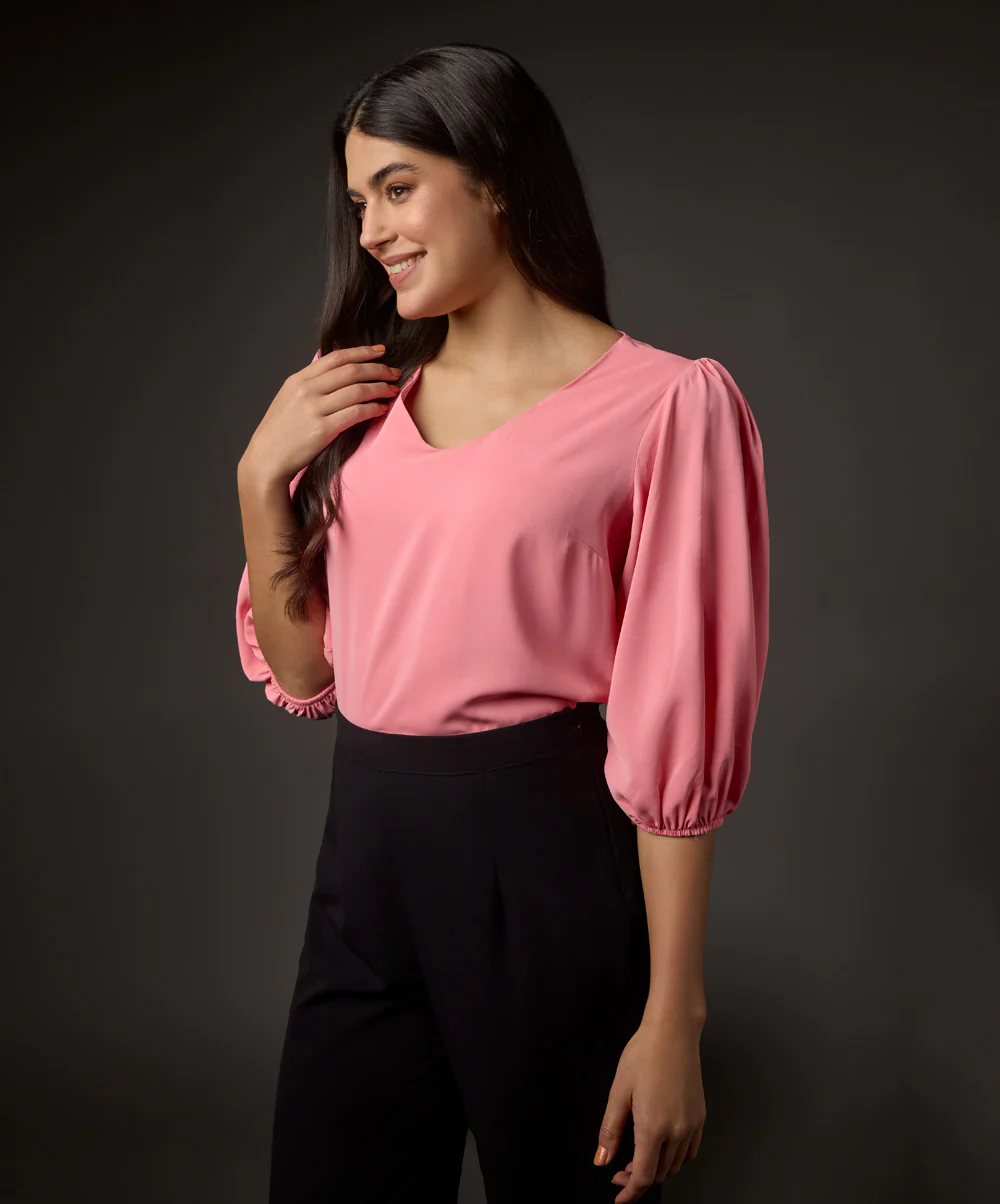 Vneck Balloon Half Sleeve Pink Top - Image 3