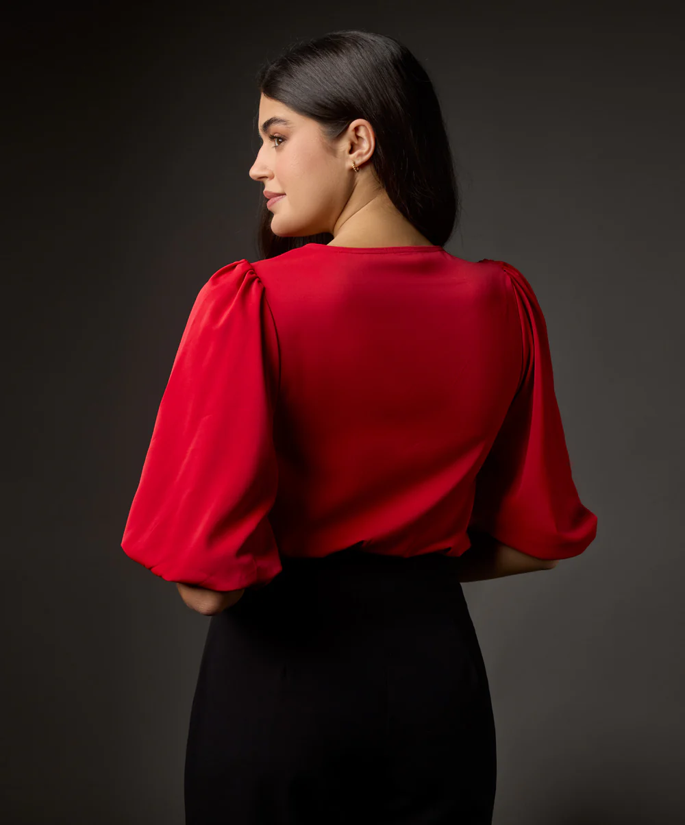Vneck Balloon Half Sleeve Red Top - Image 4