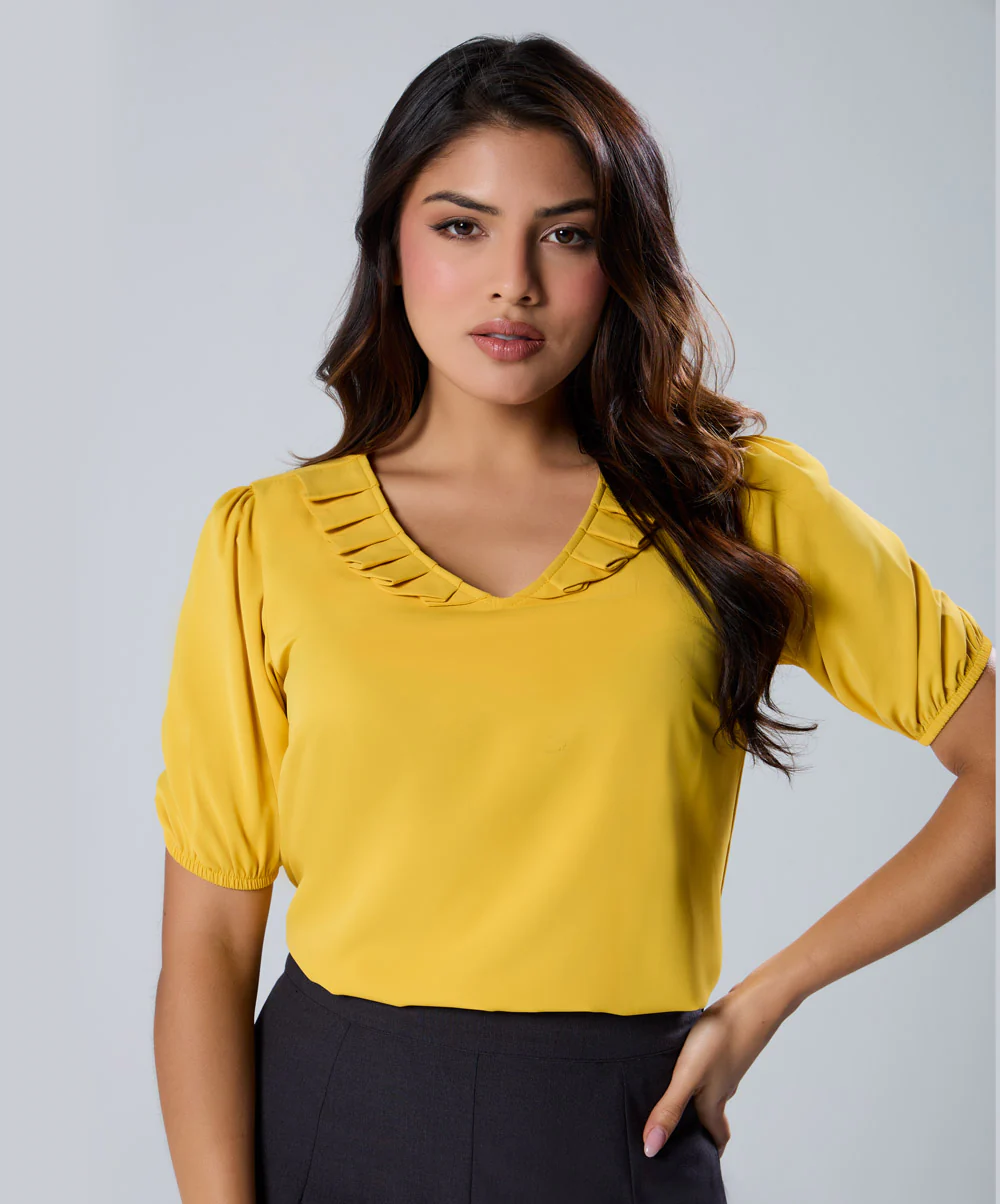 Vneck Pleated Yellow Half Sleeve Top
