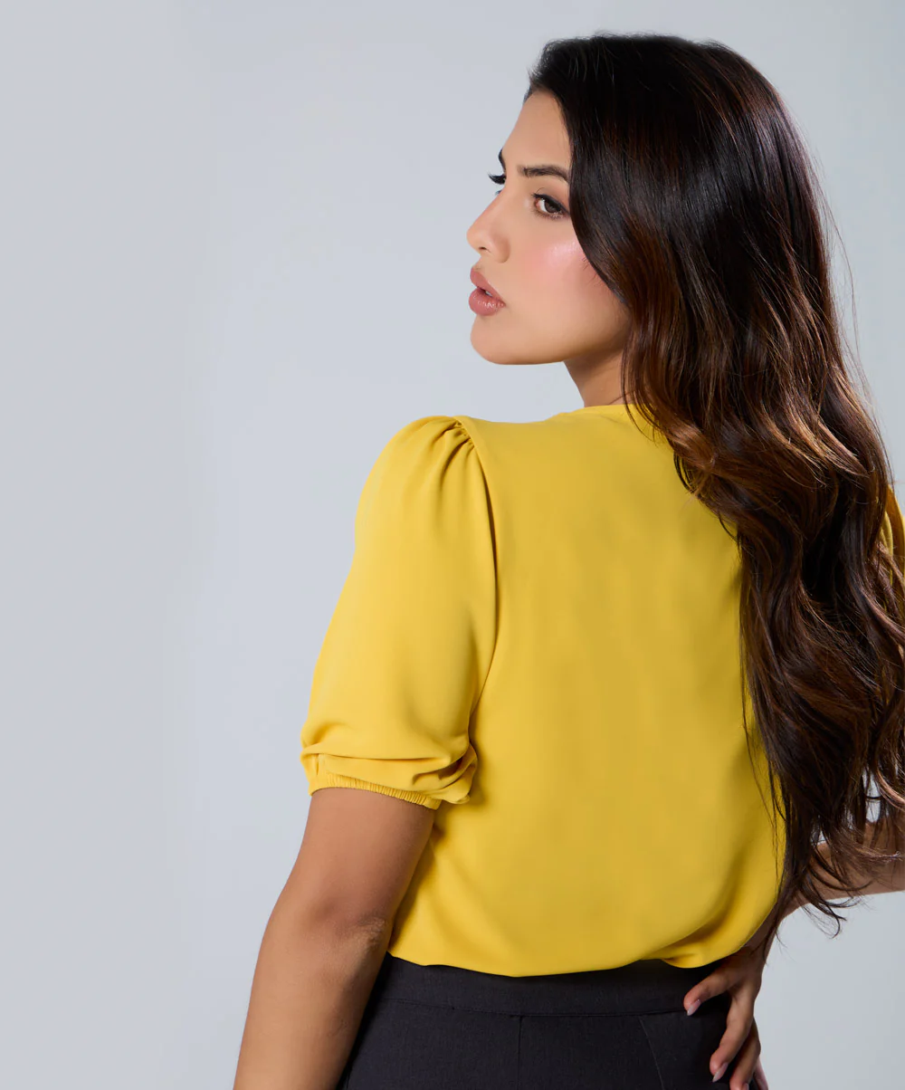 Vneck Pleated Yellow Half Sleeve Top - Image 3