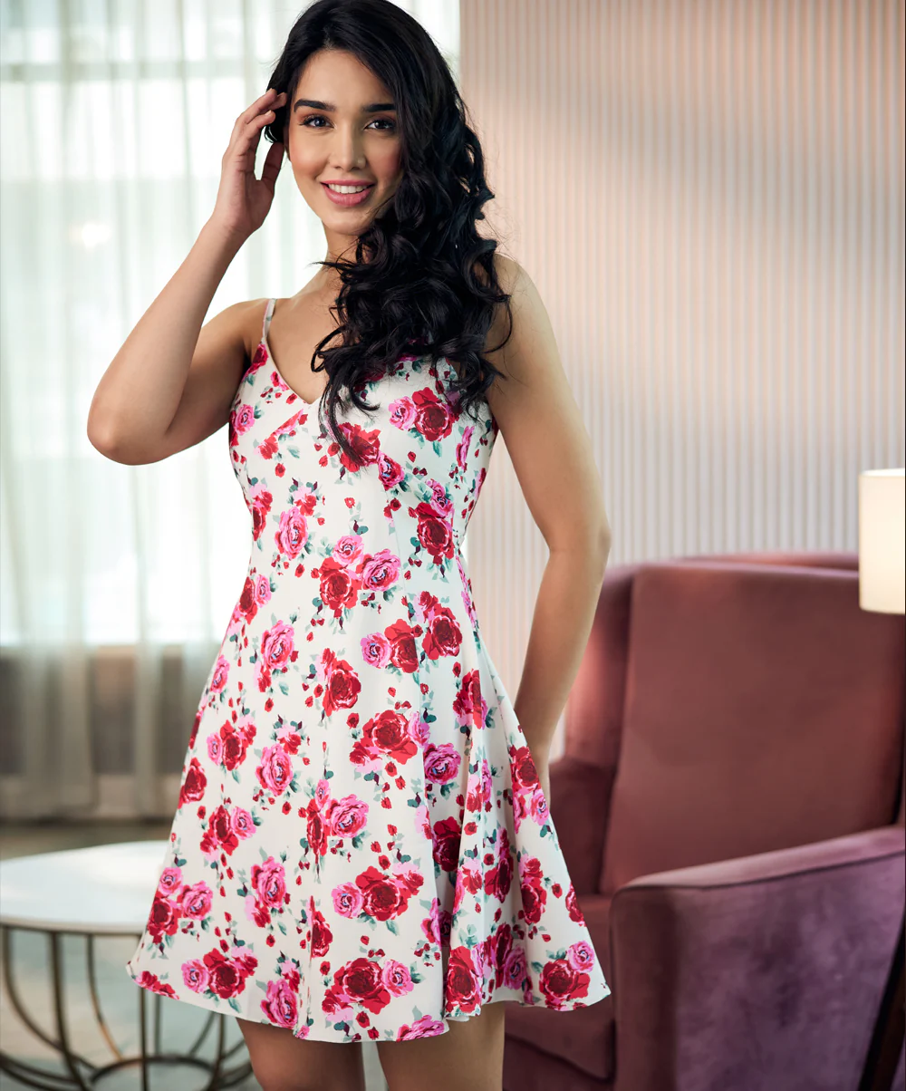 Vneck Printed Spaghetti Waistless Cream Dress
