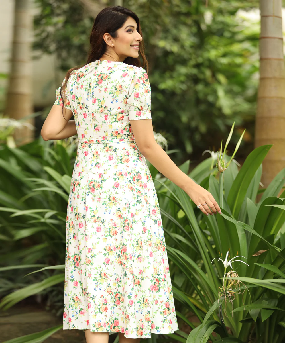 Vneck Printed Wrap Like White Dress - Image 2
