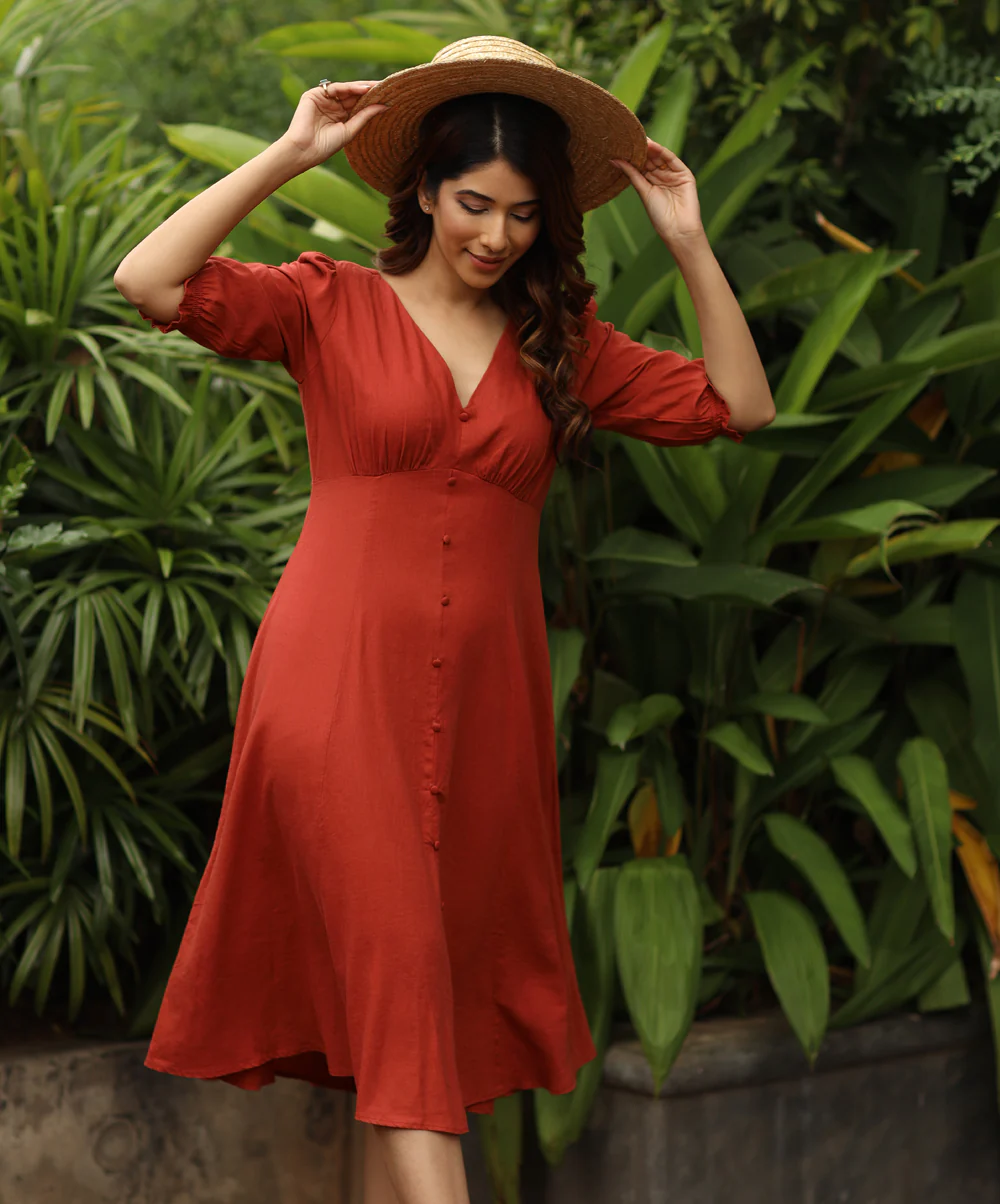 Vneck Puffed Half Sleeve Linen Dress - Image 2