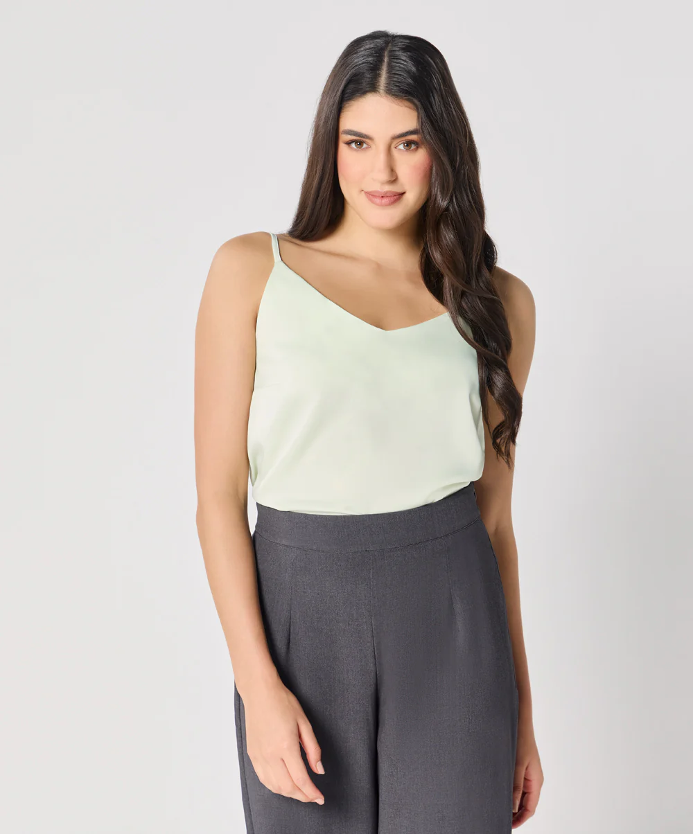 Vneck Satin Cami Top With The Straps-Green - Image 3