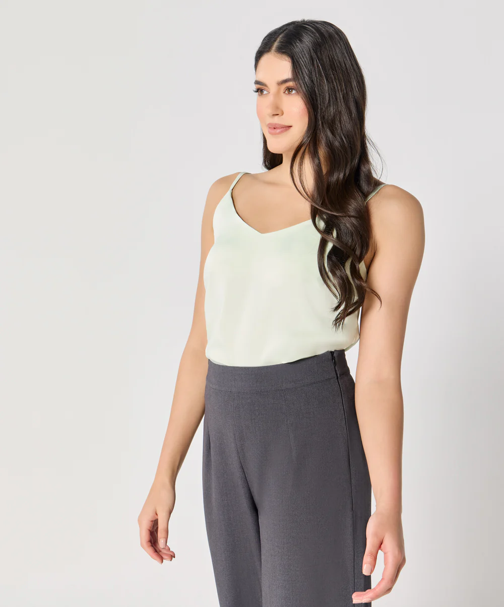 Vneck Satin Cami Top With The Straps-Green - Image 5