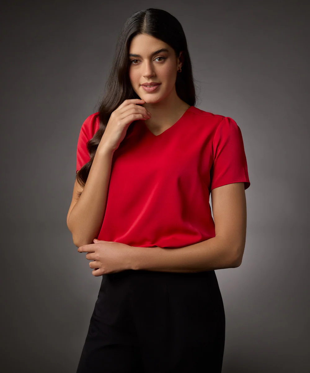Vneck Short Sleeve Chiffon Top-Red - Image 3