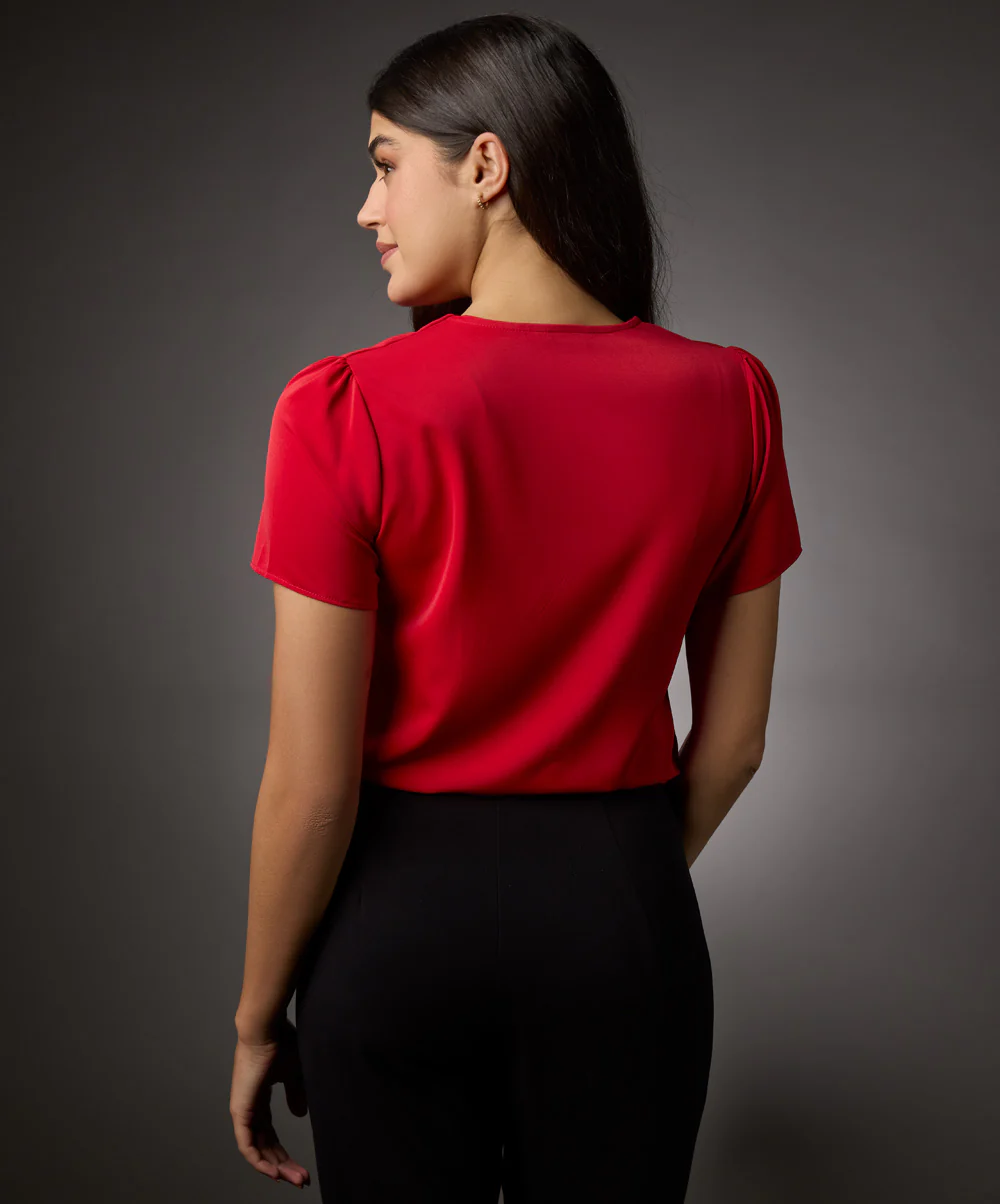Vneck Short Sleeve Chiffon Top-Red - Image 4