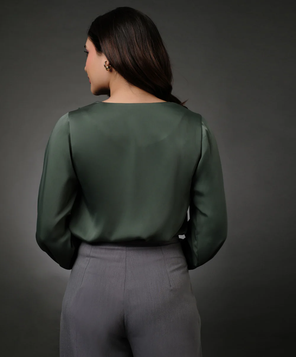 Vneck Shoulder Pleated Green Top - Image 5