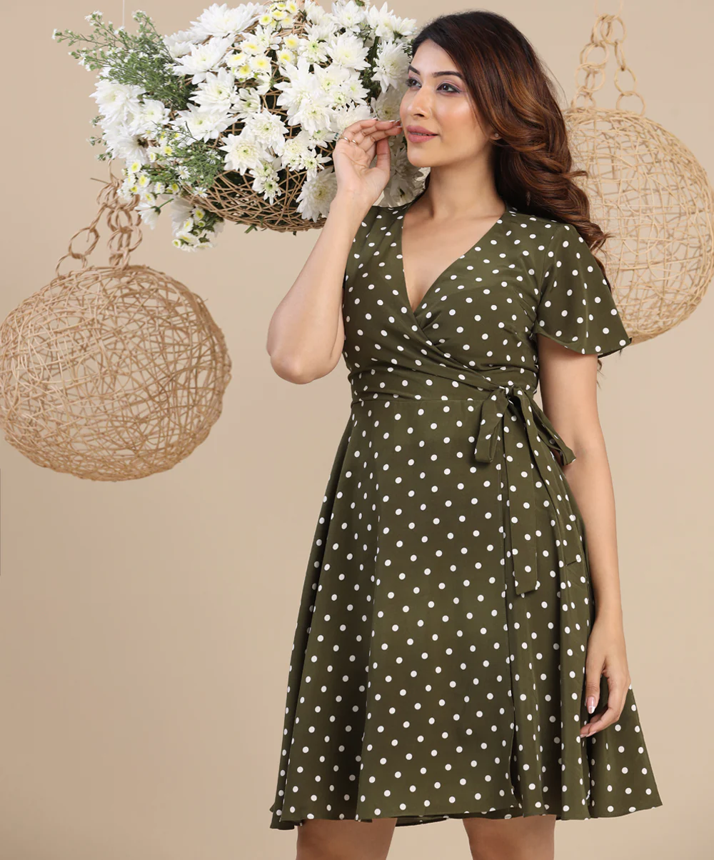 Vneck Sleeve Flared Dress With Belt