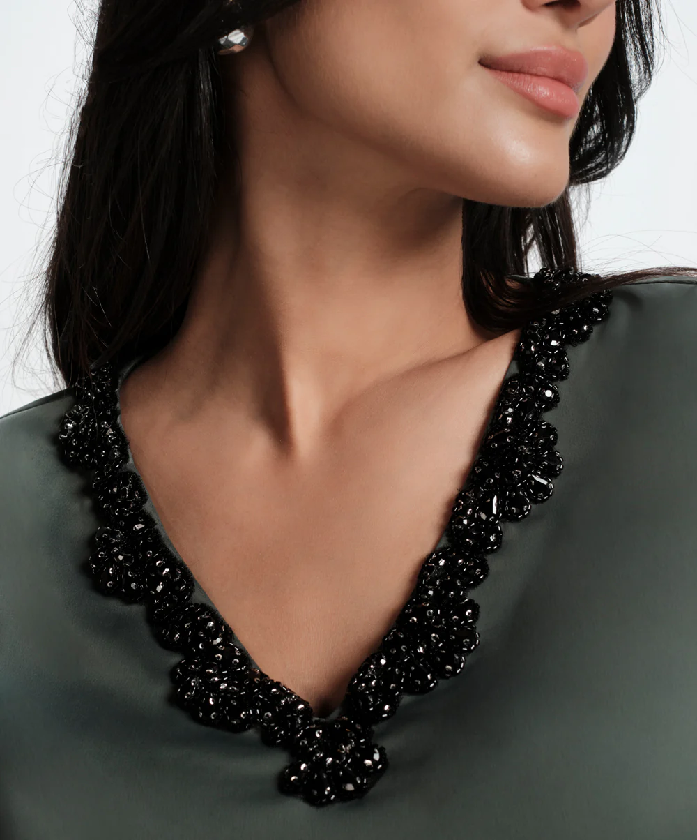 Vneck Sleeve Gathered Glamorous Satin Top-Frost Green - Image 4