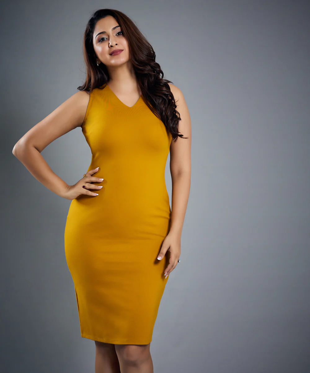 Vneck Sleeveless Bodycon Mustard Dress - Image 2