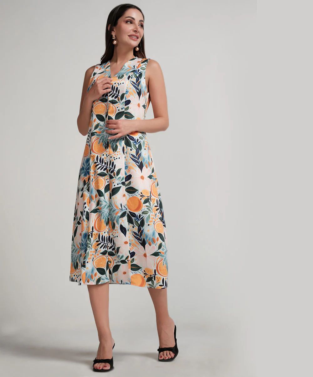 Vneck Sleeveless Satin Printed Shift Dress