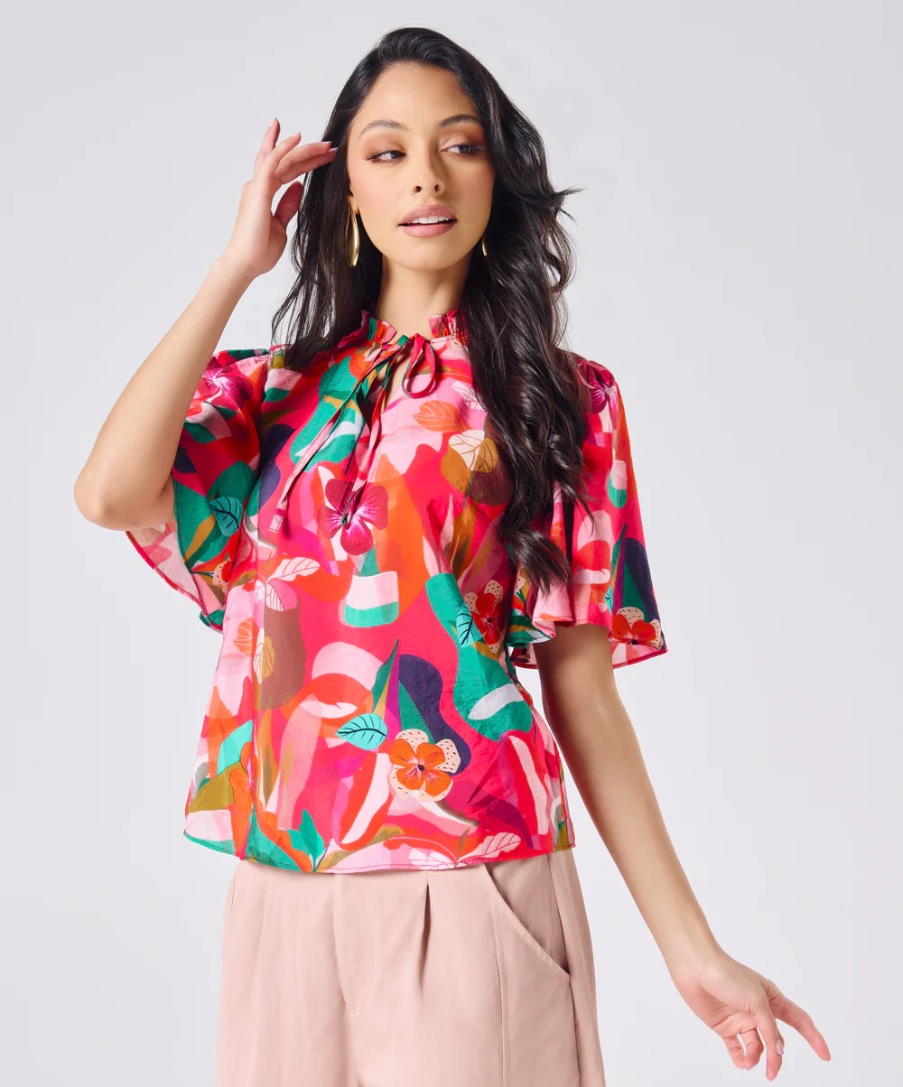 Vneck Tie Flared Sleeve Floral Top - Image 3