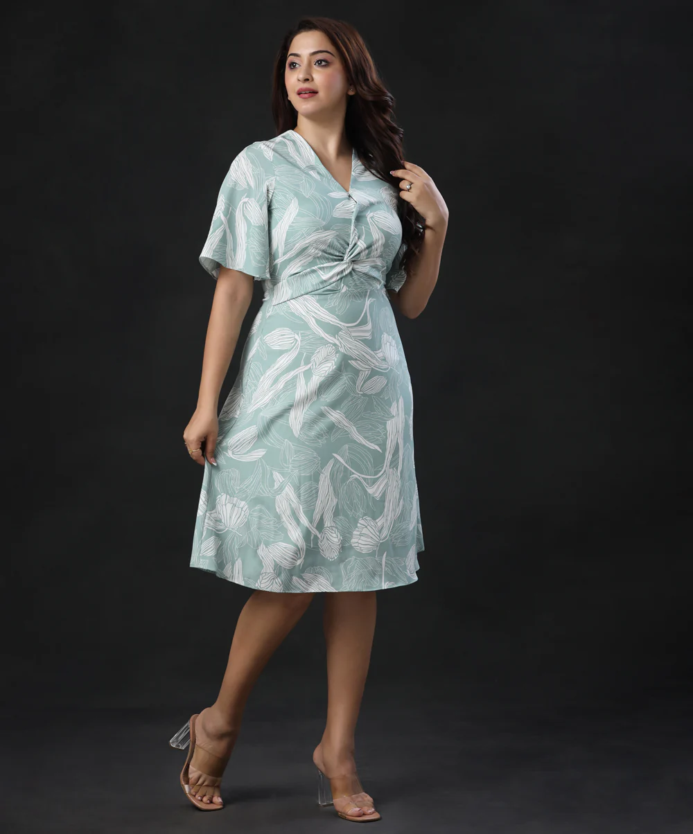 Vneck Twisted Waist Olive Printed Dress