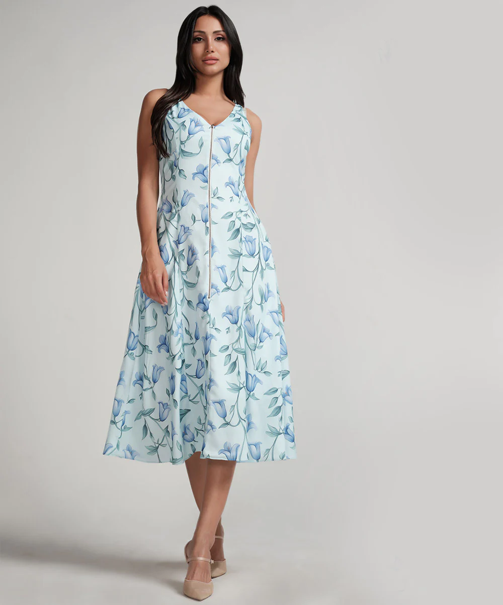 Vneck Zipper Attached Printed Dress
