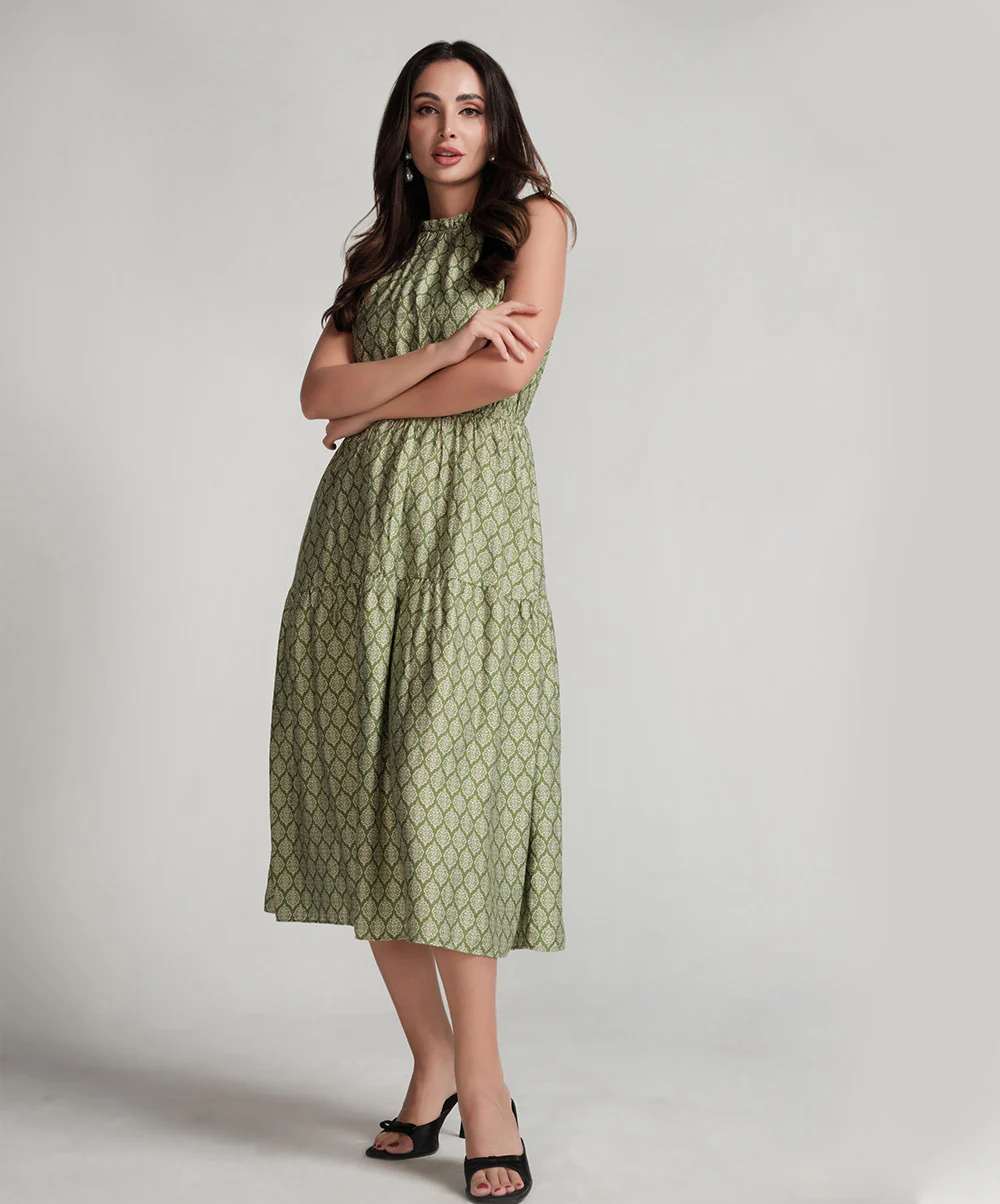 Waist And Neck Detailed Printed Dress-Green - Image 2
