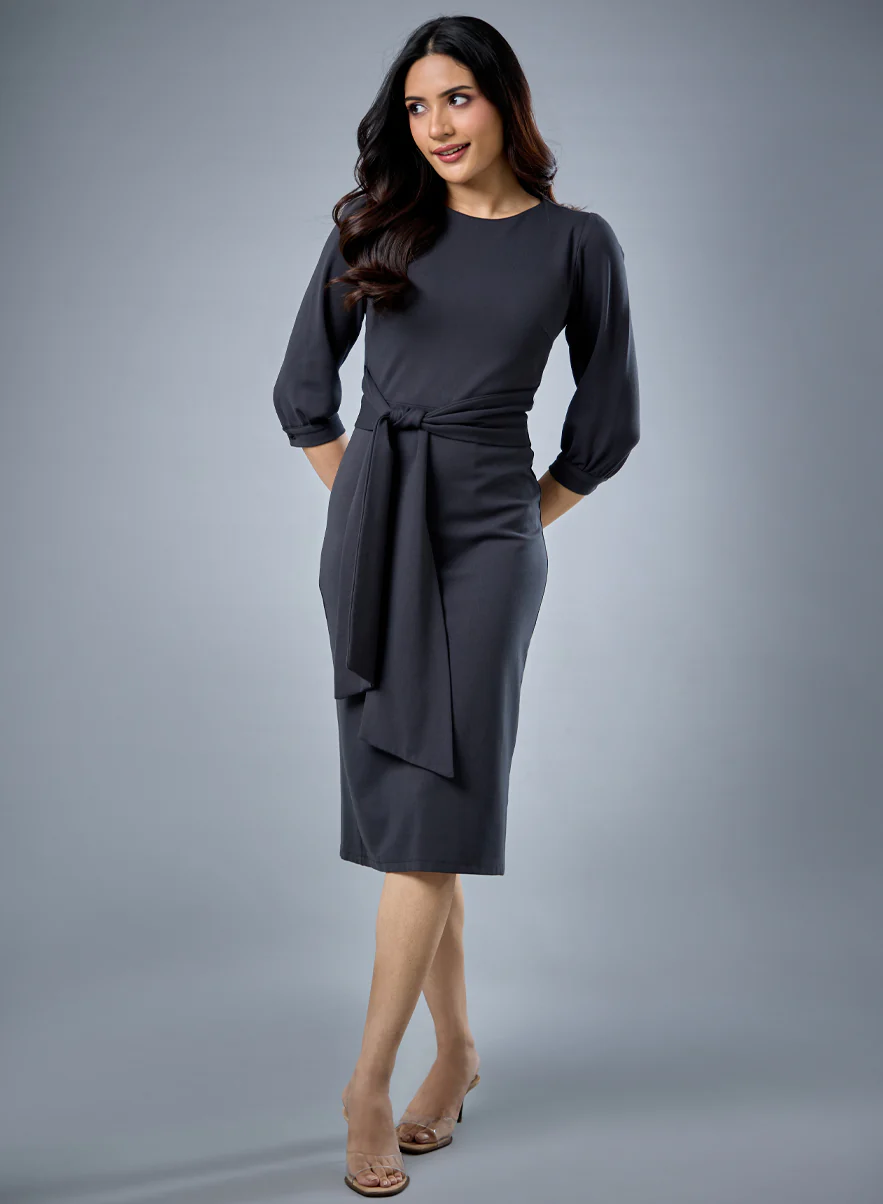 Waist Tie Ponte Bodycon Dress - Image 5