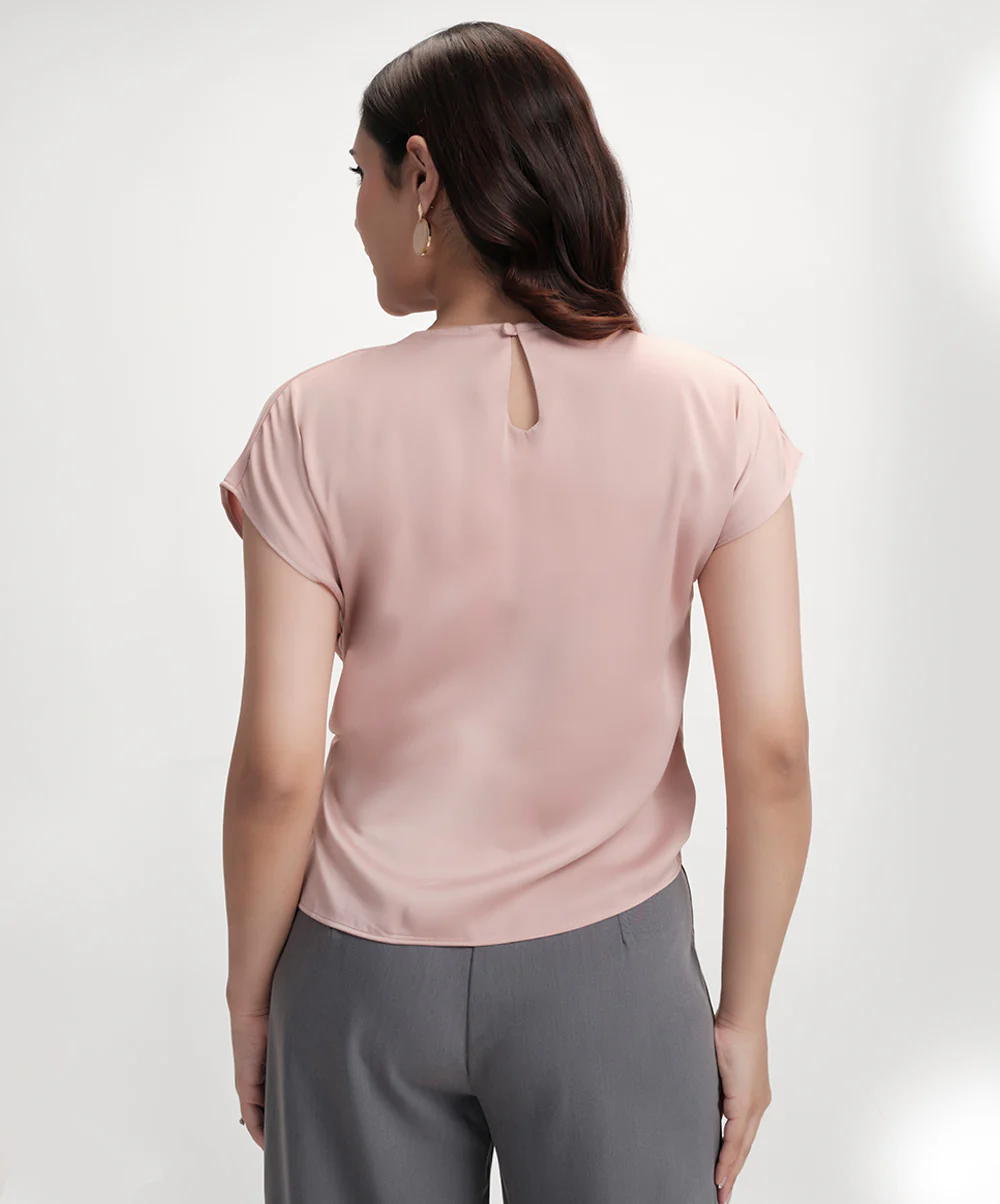 Waist Tie Round Neck Satin Pink Top - Image 2