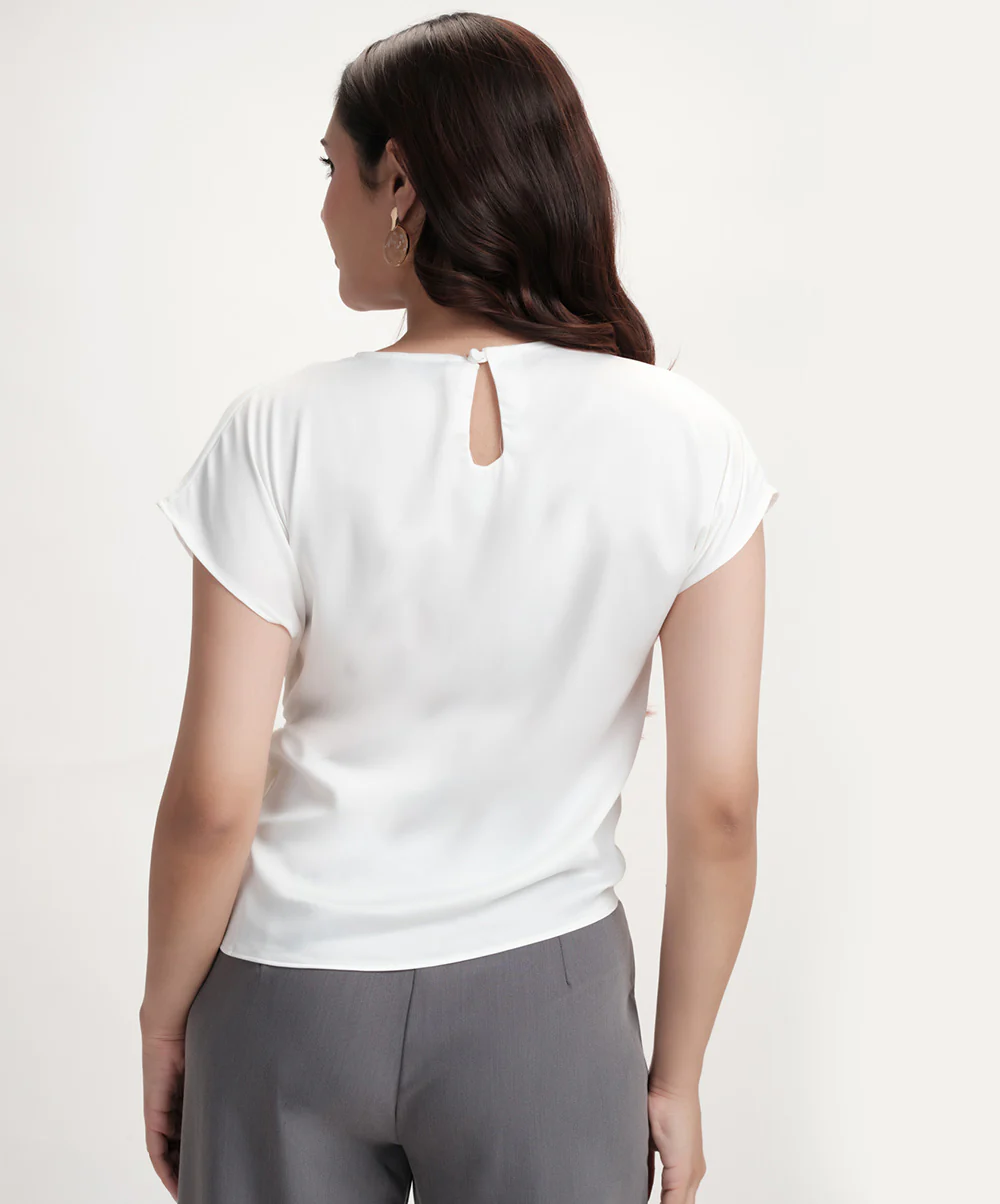 Waist Tie Round Neck Satin White Top - Image 3