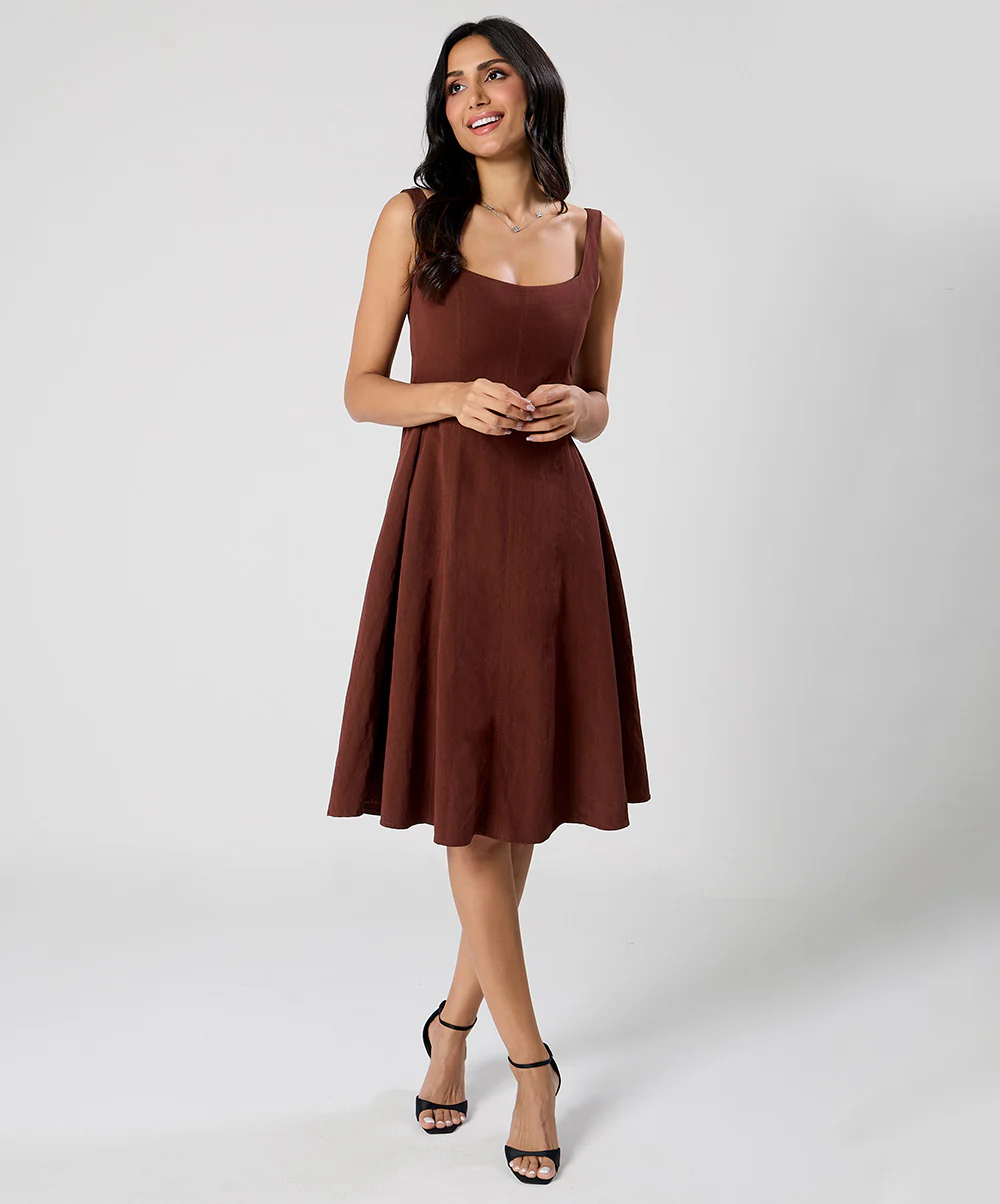 Waistless Solid Sleeveless Brown Dress - Image 2