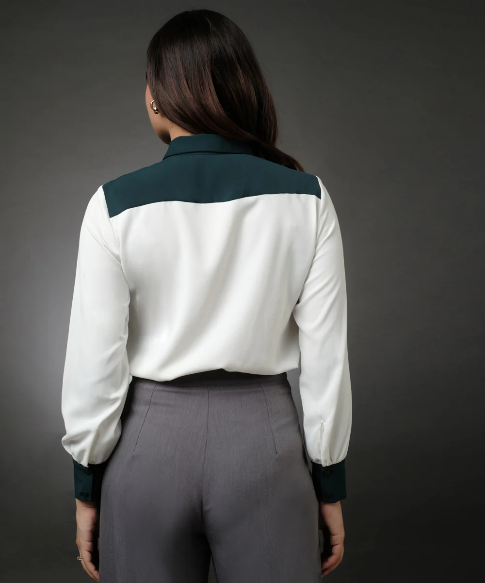 White And Green Contrast Paneled Shirt - Image 4