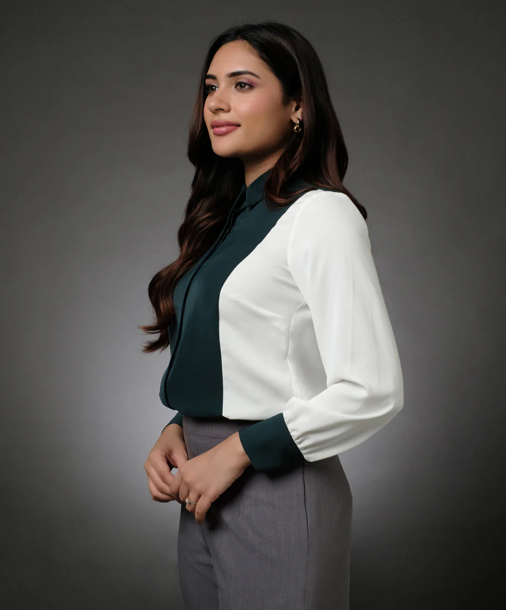 White And Green Contrast Paneled Shirt - Image 7