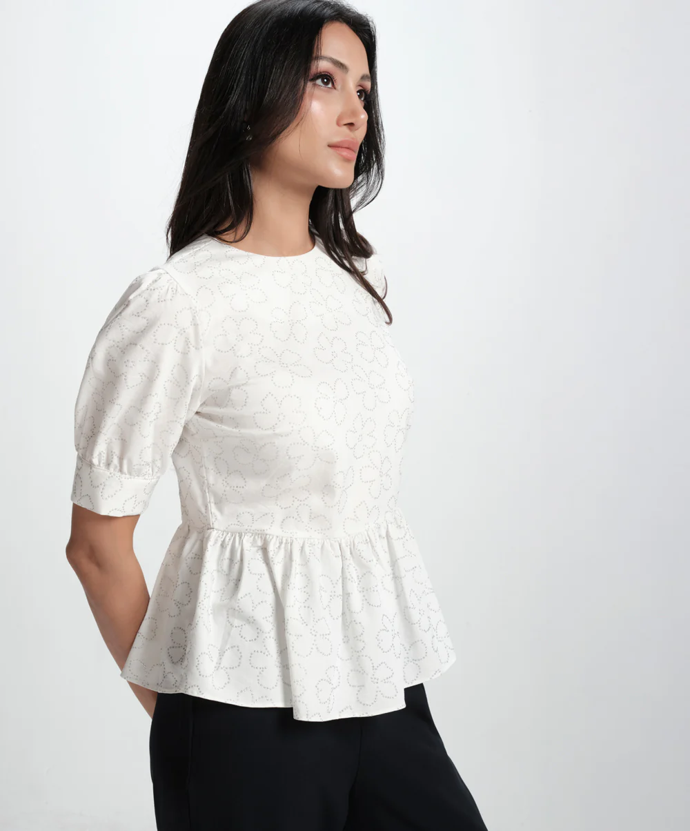 White Cotton Formal Peplum Top - Image 4