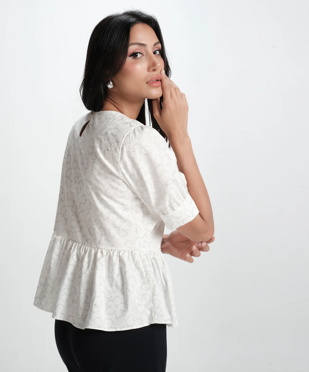 White Cotton Formal Peplum Top - Image 5