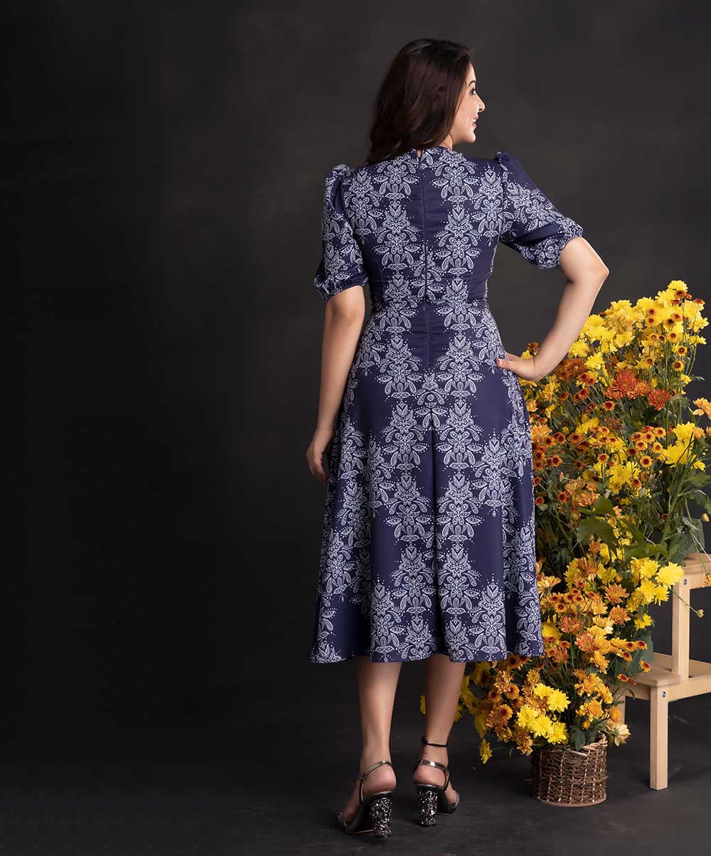 White Printed Navy Blue Chiffon Dress - Image 2
