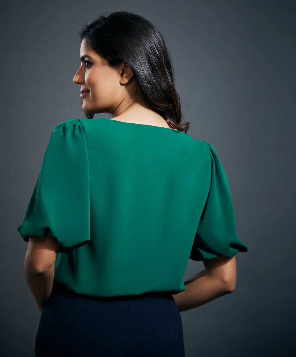 Wide neck Solid chiffons formal top- Green - Image 2