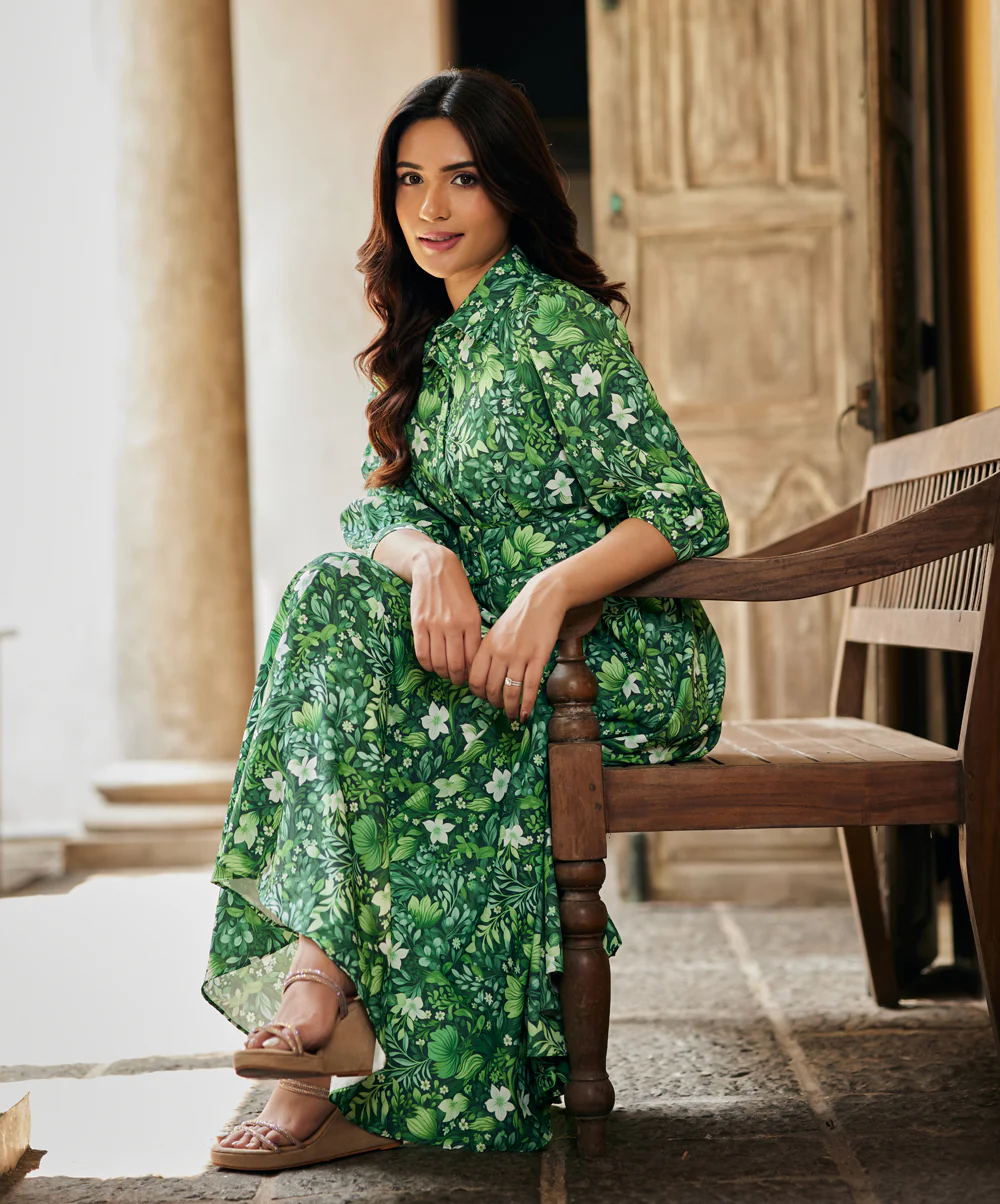 Wild Green Leave Printed Shirt Dress - Image 5