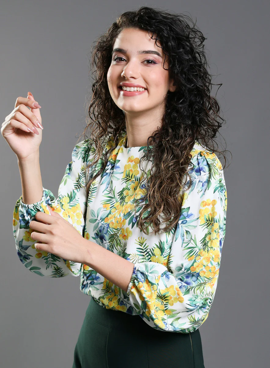 Yellow Floral Elastic Sleeve Top - Image 3