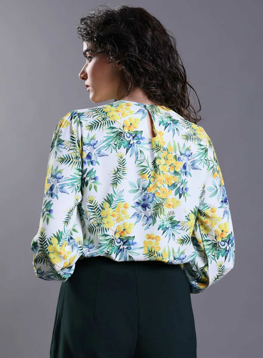 Yellow Floral Elastic Sleeve Top - Image 6