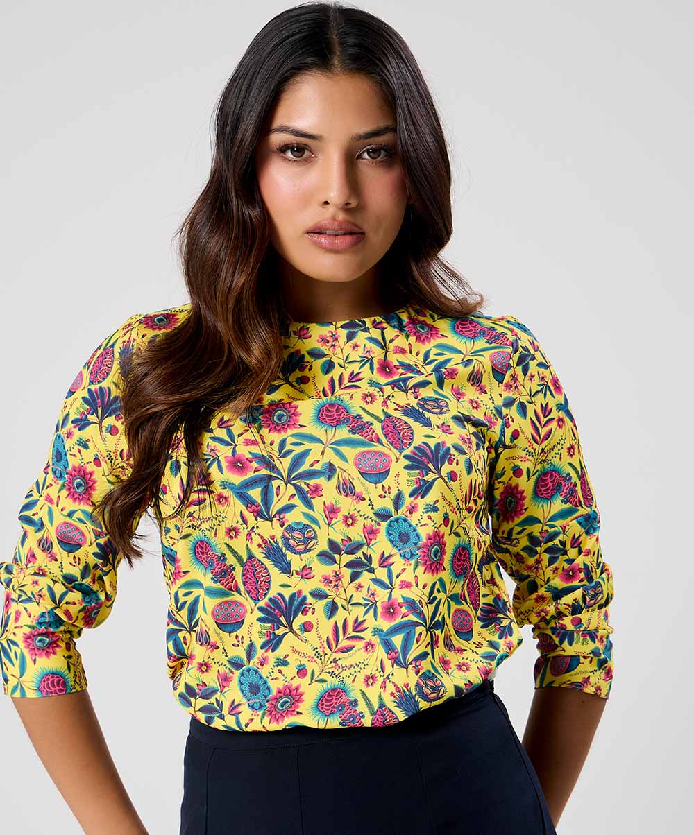Yellow Floral Printed Round Neck Chiffon Top - Image 3