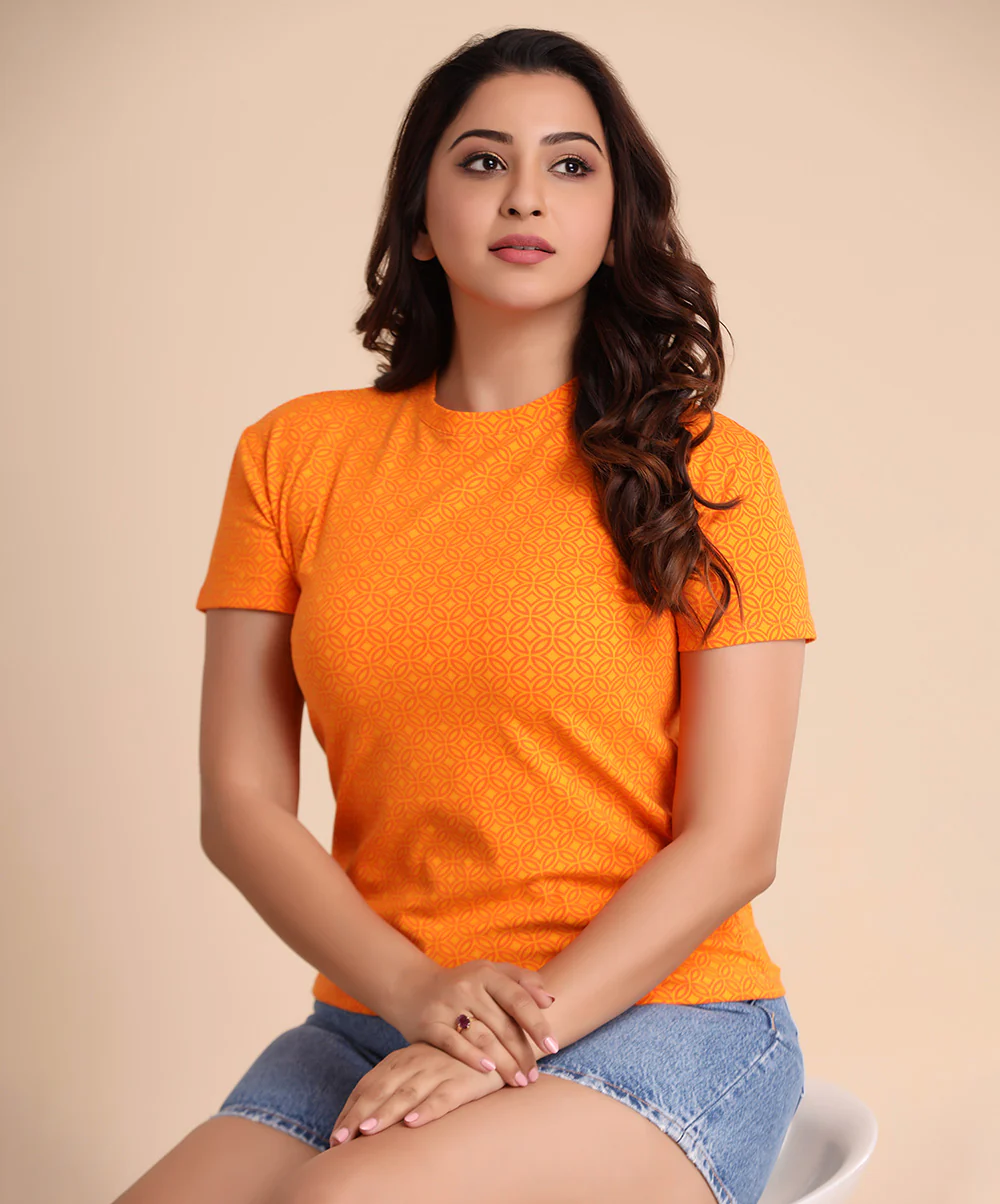 Yellow Print Basic Crew Neck Tshirt