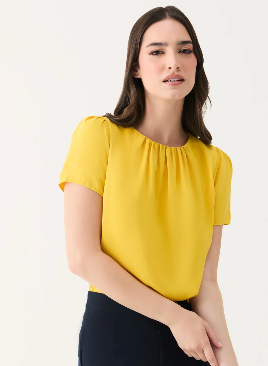 Yellow Short Sleeve Chiffon Neck Top - Image 4